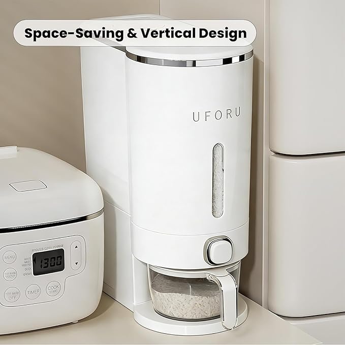 Rice Dispenser, Airtight Rice Storage Container with Measuring Cup for Kitchen Pantry, Cereal Dry Food Storage, Sealed Moisture Proof, White, 22 Lbs