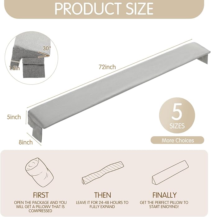 Novabright 72"x 8"x 5" Bed Wedge Pillow Gap Filler for Headboard Gap Filler Bed Wedge Pillow with Side Pocket Gaps Mattress Wedges Gaps Fillers to Stop Items Falling Down, Removable and Washable