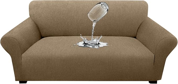 Waterproof Stretch Spandex Loveseat Couch Cover - Non-Slip Soft Sofa Slipcover with Elastic Bottom, Washable Leakproof Furniture Protector for Kids, Pets, Dogs & Cats (Loveseat, Brown)