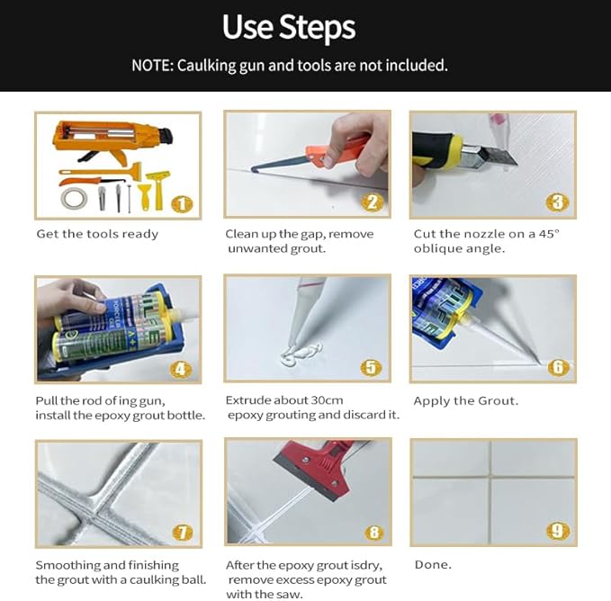Epoxy Grout Porcelain White , Waterproof Auto-mix Dual Tubes Tile Grout 19 oz 410ml, Reconstruct Grout Line for Shower Bathroom Kitchen Swimming Pool, Wall and Floor，Caulk Gun NOT Included (1, White)