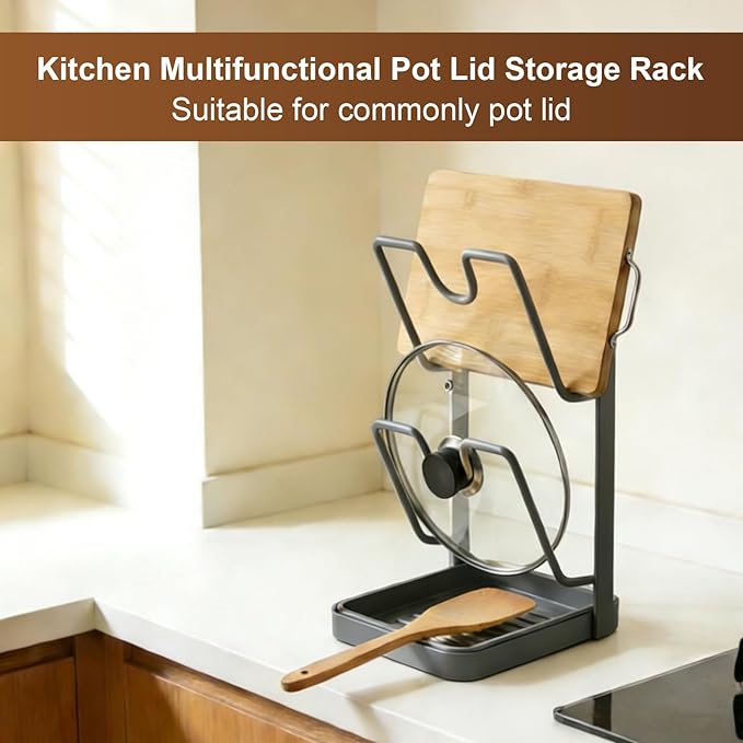Pot Lid Holder,304 Stainless Steel Pot Lid Holder While Cooking,Kitchen Pot Lid Storage Rack, Removable Drip Tray, Multifunctional Kitchen Organizer Stand for Countertop (White, Single-layer)