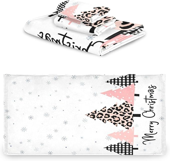 Pfrewn Plaid Pink Christmas Tree Towels Set of 3 Winter Forest Leopard Tree Grey Snowflakes Bathroom Towel Soft Absorbent Bath Hand Towels Washcloth Guest Towel Sets Xmas Holiday Decor