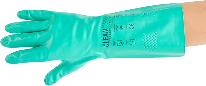 Restaurantware Green Cleaning Gloves 10 Pairs 15 Mil Thick Medium Heavy-Duty Nitrile Gloves With Long Cuff No-Latex Flock Lining For Use In Hospitals, Laboratories, Kitchens and Households