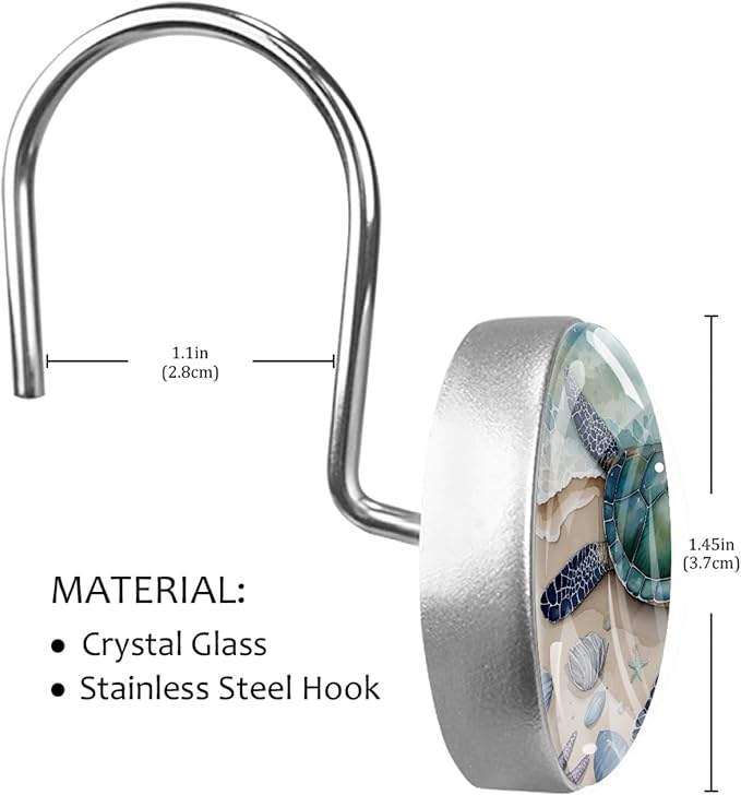 Beach Sea Turtle Shower Curtain Hooks Rings, Stainless Steel Rust Proof Shower Curtain Hooks, Decorative Shower Hooks for Bathroom Shower Rods Curtains, Set of 12