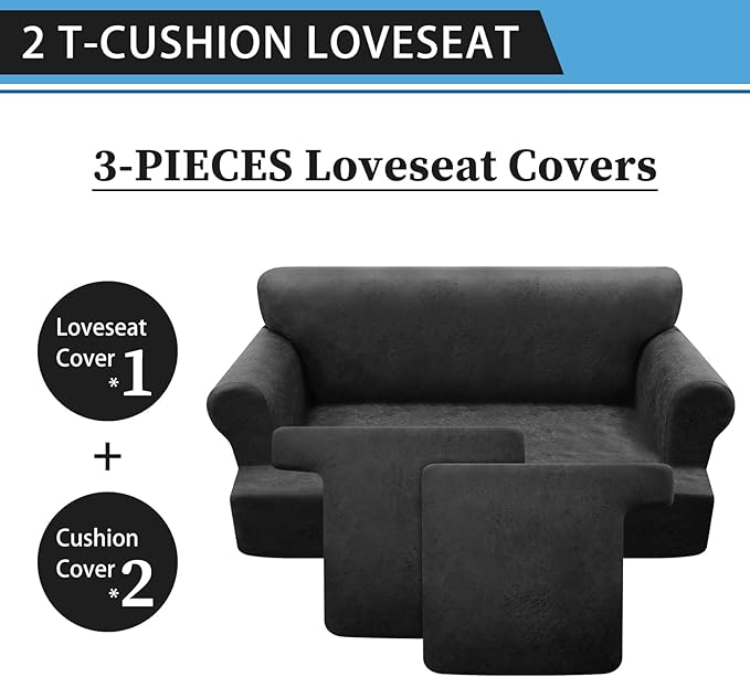 3-Pieces T Cushion Loveseat Slipcovers Leather Look Couch Cover Loveseat Covers for 2 Cushion Couch Furniture Protector Stretch Sofa Cover with 2 Individual T Cushion Seat Covers, Dark Grey