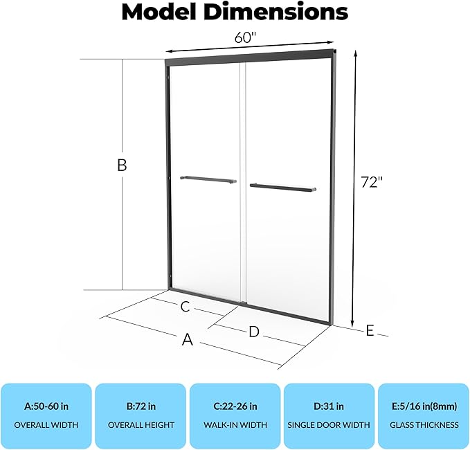 Glass Shower Door 56–60 Inch W × 72 Inch H, Sliding Shower Door with 6mm Tempered Glass, Smooth Glide Shower Glass Door for Contemporary Bathroom