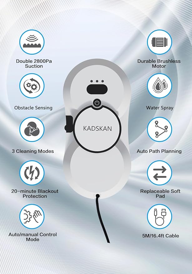 Window Cleaning Robot, Automatic Window Cleaner with Water Spray for Windows/Tiles/Class Door, Inside/Outside, 5600Pa Suction Power, 3.0 Path Planning, Remote Control
