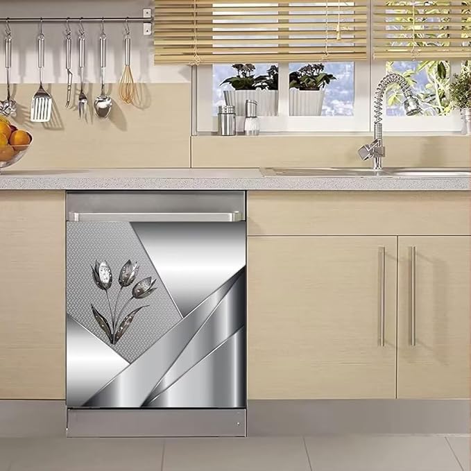 Generic Polished Metal Texture Dishwasher Magnetic Cover for Door Front,Silver Stainless Steel Flowers Refrigerator Magnet Decor Floral Magnet Panel Decal, Fridge Home Appliance Sticker 23x26inch