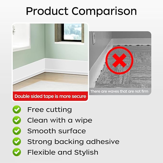 Flexible Baseboard Molding Trim 3 Inch(W) x 20 Feet(L) Self Adhesive Vinyl Wall Base Peel and Stick Cove Base,Rubber Wall Base. (White)