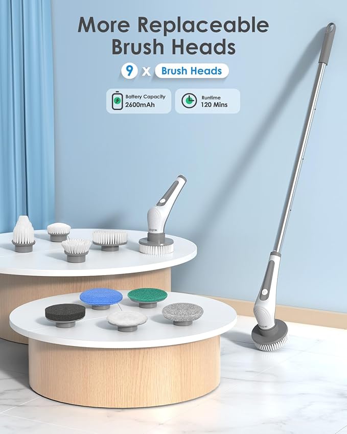 Electric Spin Scrubber, 10 in 1 Airpher Cordless Cleaning Brush IPX8 with 9 Replaceable Brush Heads and 4 Tier Removable Handle, Power Shower Scrubber for Bathroom, Tub, Tile, Floor, Kitchen, Window