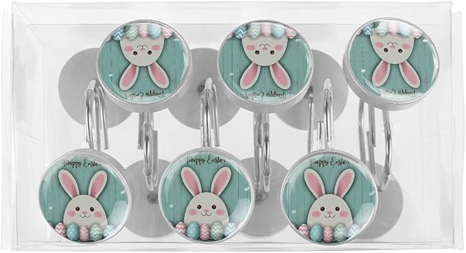 Rural Teal and Easter Bunny Crystal Glass Shower Curtain Hooks for Bathroom Shower Rod, 12Pcs Round Home Decorative Shower Curtain Rings, Bathroom Bedroom Living Room Accessories