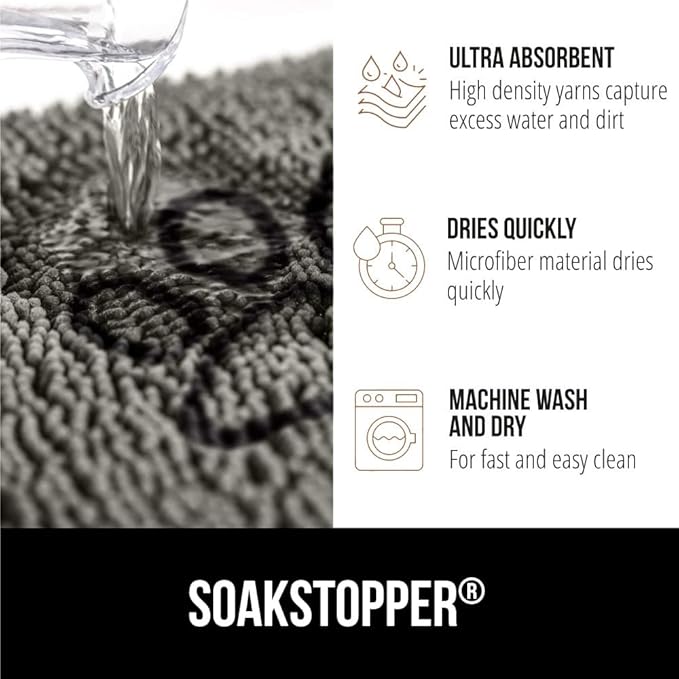 GORILLA GRIP SoakSTOPPER Dog Door Mat, 48x30 Machine Washable Rug Absorbent Doormat Captures Moisture Mud Dirt, Quick Dry Soft Chenille Entryway Rugs Indoor Entrance Mats for Dog Paws, Paw Grey
