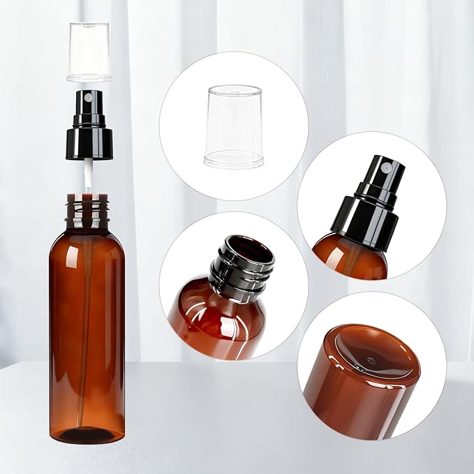 104 Pcs 4 Oz Plastic Mini Spray Bottles with Labels Refillable Travel Size Perfume Empty Bottle Amber Reusable Mist Sprayer for Cleaning Solutions Essential Oil Household Use