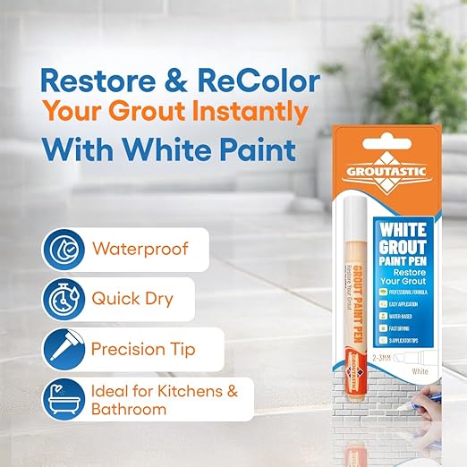 White Grout Paint Pen Tile Grout Colorant & Sealer Marker, Quick-Dry, 3 Adjustable Tips (2-3 mm), Ideal for Bathroom, Shower, Kitchen Tiles Restores Grout Lines