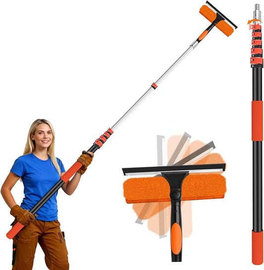 30FT Telescoping Window Squeegee Kit | 2-in-1 Professional Window Washer & Microfiber Scrubber with Extension Pole | High Reach Cleaning Tool for Outdoor, Indoor Windows & Glass