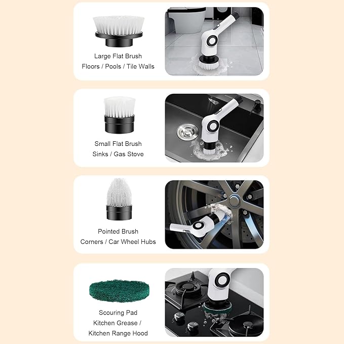 Zunate Electric Spin Scrubber, 7 in 1 Electric Scrubber, IPX7 Water Proof, 3 Speed Adjustable, Cordless Cleaning Brush Extension Handle 7 Replaceable Heads for Bathroom