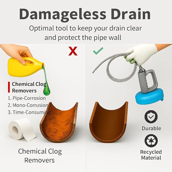 50 FT Drain Snake Hair Drain Clog Remover, Manual Or Powered, Plumbing Snake With Drill Adapte,Unclog Sink Drain Tool, Drain Auger for Toilet、Shower、Kitchen、Sink, No Auto Retract Or Feed, Blue