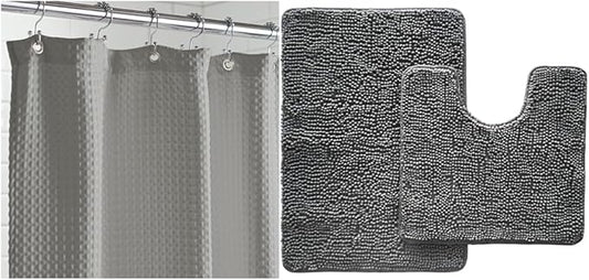 GORILLA GRIP Waffle Shower Curtain and Area Rug Set, Waffle Shower Curtain Size 72x72, Washable, Contour Set Includes 30x20 Bath Rug and Toilet Mat, Microfiber Quick Dry, Both in Gray, 2 Item Bundle