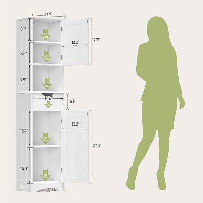 Gizoon 67" H Tall Bathroom Storage Cabinet, Narrow Storage Cabinet with 2 Doors & Drawer, Towel Cabinet with Freestanding Adjustable Shelves for Small Spaces, Kitchen, Living Room, Anti-Tipping, White