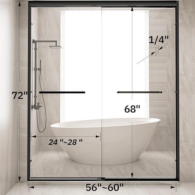 Shower Door 56-60" W x 72" H Semi-Frameless Double Sliding Bathroom Glass Shower Doors for Walk-in Shower with 1/4 inch Clear Tempered Glass, Matte Black