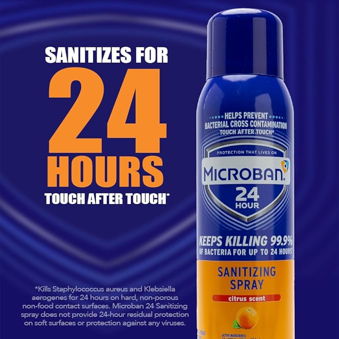 MICROBAN Sanitizing Spray, 15 oz., 2 Pack, Citrus, Penetrates Soap Scum, Greasy Soils and Reduces Odors, Keeps Killing 99.9% of Bacteria on Hard, Non-Porous Surfaces in Your Home for up to 24 Hours