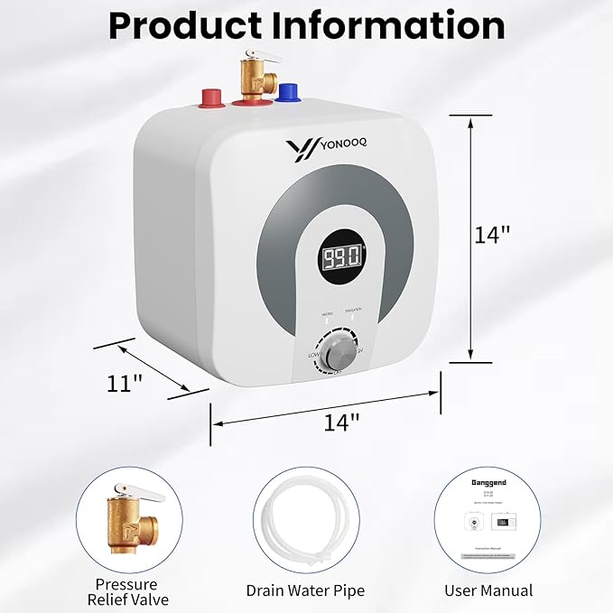 4 Gallon Mini Tank Electric Water Heater, 1500W 110V, Under Sink Water Heater with Digital Display & Pressure Relief Valve, Hot water heater for Kitchen Bathroom RV Camper, 1/2 NPT Inlet/Outlet Port