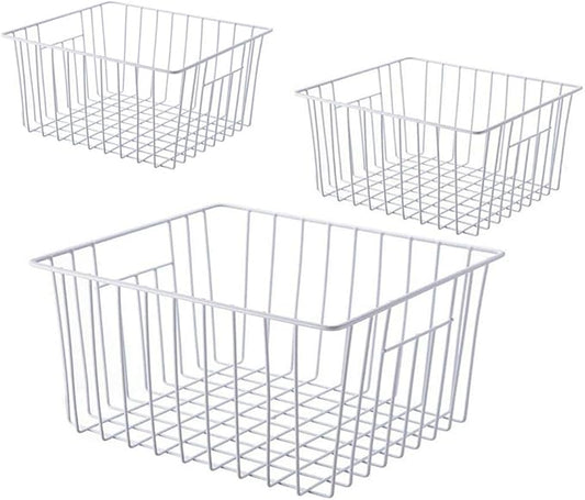 Freezer Wire Baskets, Kitchen Storage Organizer Bins for Chest and Upright Freezer, Refrigerator Dividers Containers with Handles - Pearl White (3)