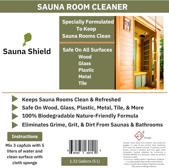 Sauna Cleaner | 1.32 Gallons (5L/169 Fl Oz) | Professional-Grade Sauna Wood & Surface Cleaner | Removes Sweat, Oils & Grime | Biodegradable | Citric Scent