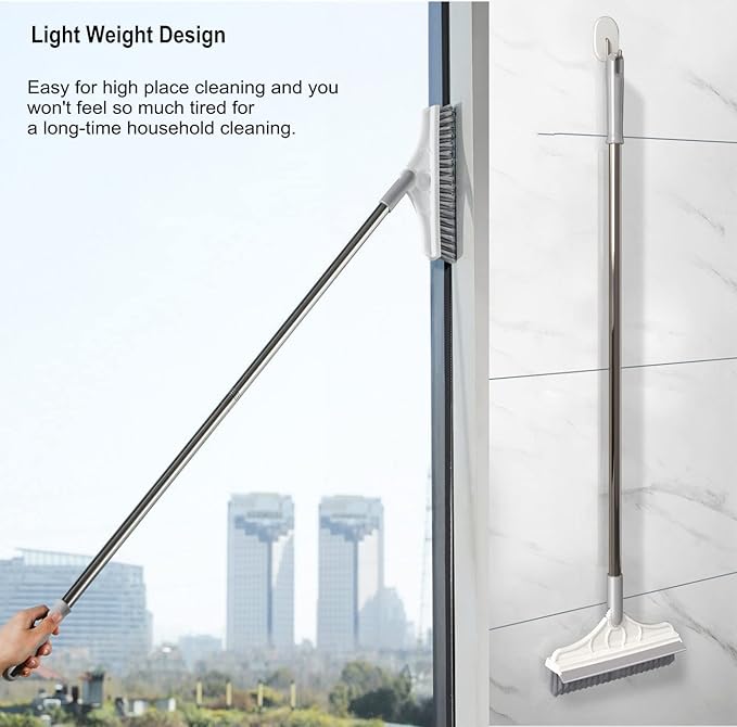 Magic Broom 2 in 1 Scrub Brush with Long Handle, V-Shape Stiff Bristle Brush Scraper, Squeegee and 120 Rotating Head for Bathroom, Glass and Wall Cleaning