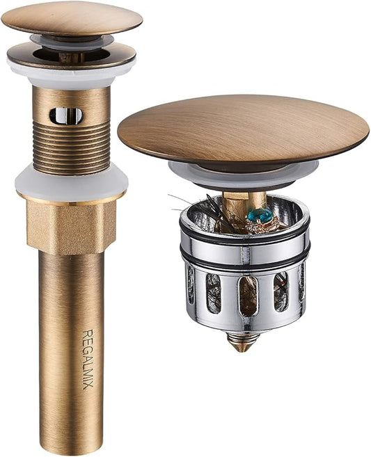 Antique Brass Pop Up Bathroom Vessel Sink Drain Stopper,Built-in Anti-Clogging Strainer, Fits Standard American Drain Hole(1-1/2" to 1-3/4"), with Overflow RWF083R