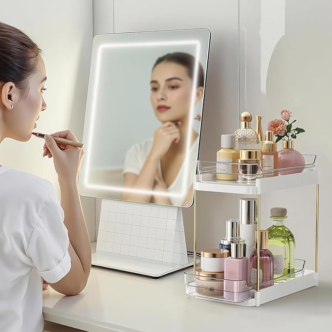 2 Tier Bathroom Counter Organizer, Removable Clear Tray Vanity Shelf for Makeup, Perfume, Skincare,Slide out Cosmetics Countertop Storage Rack for Bathroom Dresser，White