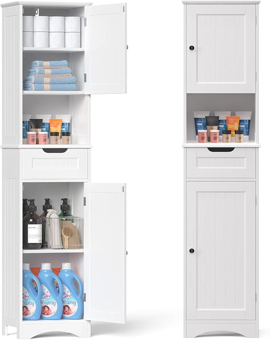 Gizoon 67" H Tall Bathroom Storage Cabinet, Narrow Storage Cabinet with 2 Doors & Drawer, Towel Cabinet with Freestanding Adjustable Shelves for Small Spaces, Kitchen, Living Room, Anti-Tipping, White