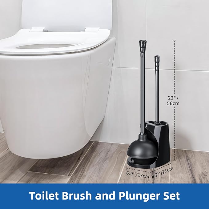 Qaestfy Toilet Plunger and Brush Set for Bathroom Cleaning, 2-in-1 Long Handle Toilet Bowl Brush with Stiff Bristles & Powerful Plunger, Space-Saving Holder (Pack of 1)