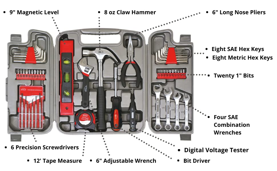 Apollo Tools 53 Piece Home Repair Tool Set, Red DT9408 - Image 4