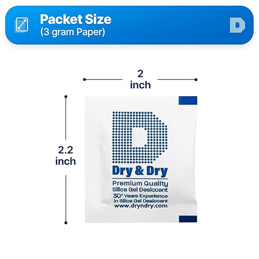 Dry & Dry 3 Gram [50 Packets] Silica Gel Packets Silica Gel Desiccants, Silica Gel Packs - Rechargeable (Food Safe) Silica Gel Packets, Silica Packets