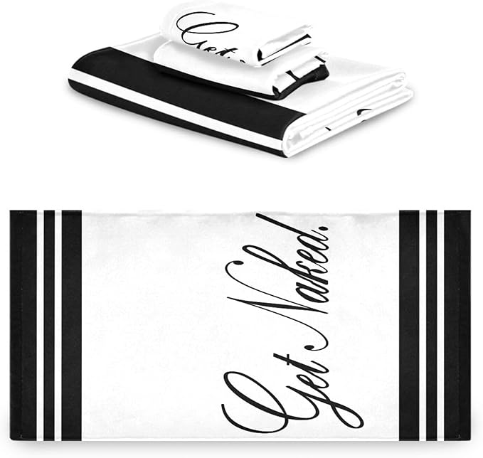 Funny Quotes Get Naked Bath Towels Set,Ultra Soft 3 Piece Black and White Stripes Towels for Bathroom,1 Bath Towel 1 Hand Towel 1 Washcloth,Absorbent Quick Dry Decoractive Bathroom Towels