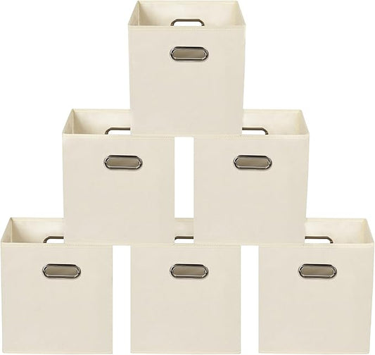 Yunkeeeper storage bins Cubes, Fabric Cube Organizer with Handle, Foldable Cube Bins for Cloth or Accessary Storage, 11x11x11, Set of 6, (Creamy White)