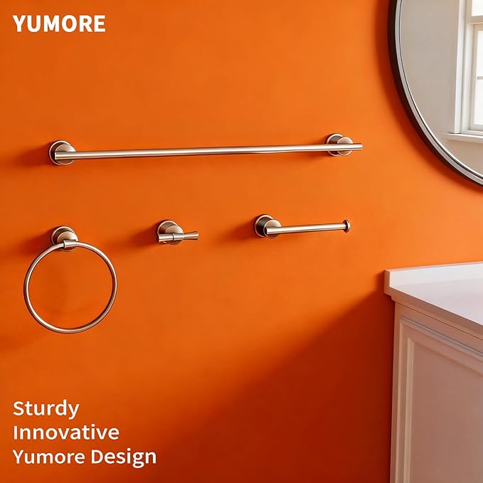 YUMORE Brushed Stainless Steel Bathroom Hardware Set, 4-Pieces Wall Mounted Bath Accessories Kit with Towel Bar, Towel Ring, Toilet Paper Holder & Robe Hooks, Modern Durable Design