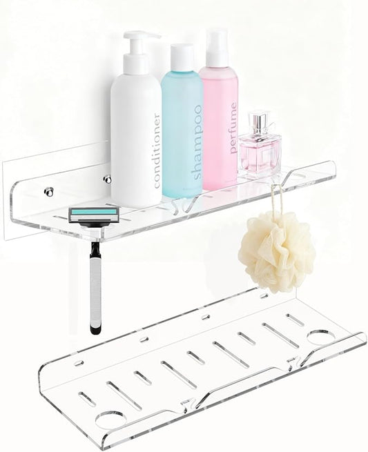 Acrylic Bathroom Shelves, 2 Pack, 12 inch, Adhesive Shower Shelves, Clear Wall Shelf, Rental Friendly,No Drill, Shower Caddy for Perfume, Cosmetics, Skincare