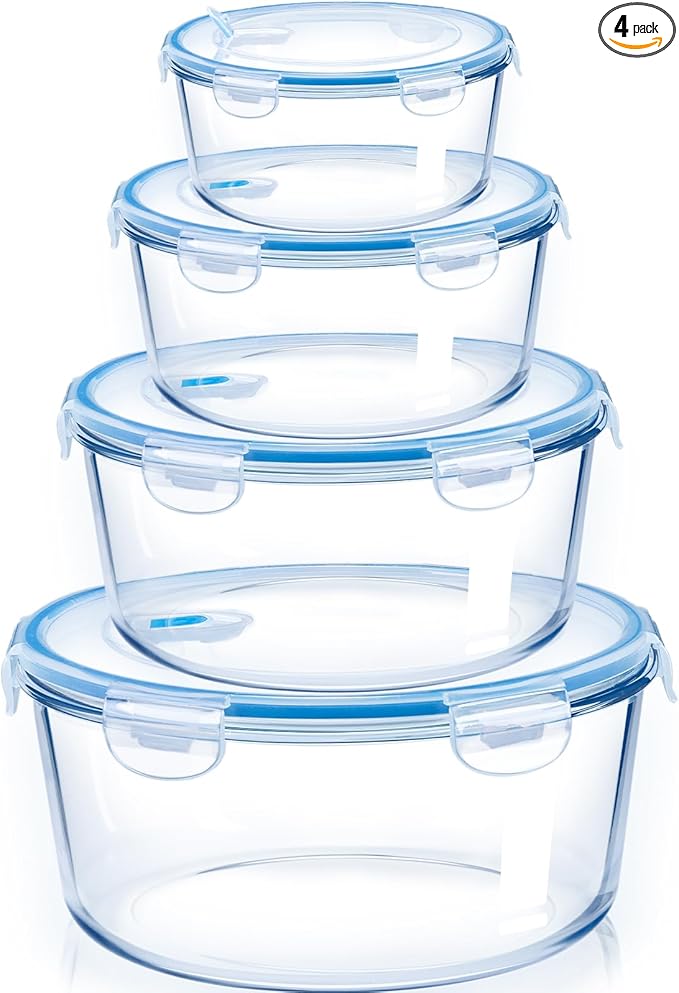 NUTRIUPS 15/30/54/95oz Round Large Glass Food Storage Containers with Lids,Glass Bowl & Meal Prep Containers with Lids,4-Piece Set