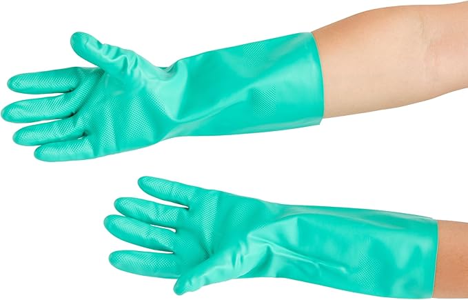 Restaurantware Green Cleaning Gloves 10 Pairs 15 Mil Thick Extra Large Heavy-Duty Nitrile Gloves With Long Cuff No-Latex Flock Lining For Use In Hospitals, Commercial Kitchens and Households