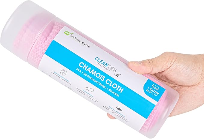 Restaurantware-Clean Tek Professional 25.2 x 16.9 Inch Chamois Cloths, 20 Reusable Microfiber Towels - Storage Tube Included, Absorbent, Pink PVA 3D Microfiber Cleaning Rags, for Windows Or Cars
