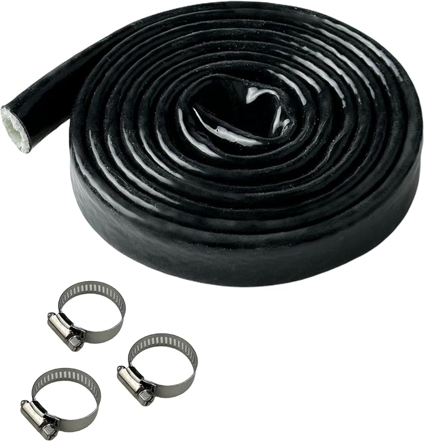 YAMAKATO 5/16" ID Heat Shielded Fire Thermo Armor Fire Sleeve Silicone Coated Fiberglass Heat Protection w/ 3 Clamps for Automotive Hose Lines & Electrical Wiring (Black, 5FT