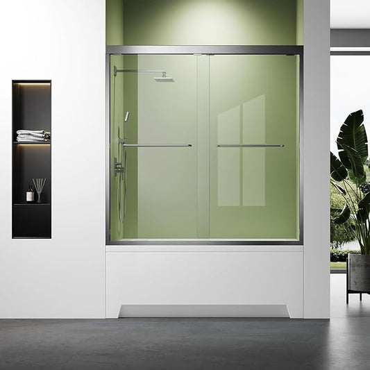 Brushed Nickel 56-60 in. W x 57 in. H Bypass Sliding Bathtub Glass Shower Doors,Semi-Frameless Tub Shower Doors with 1/4 inch Clear Tempered Glass,Stainless Steel Handles for Towel