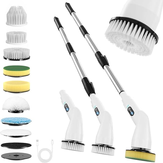 Electric Spin Scrubber - Household Cleaning Brush with 8 Heads, 51.2in Extendable Pole Bathroom Scrubber for Stubborn Grease on Grill, Stovetop & Bathtub, 90Min Runtime - Type B
