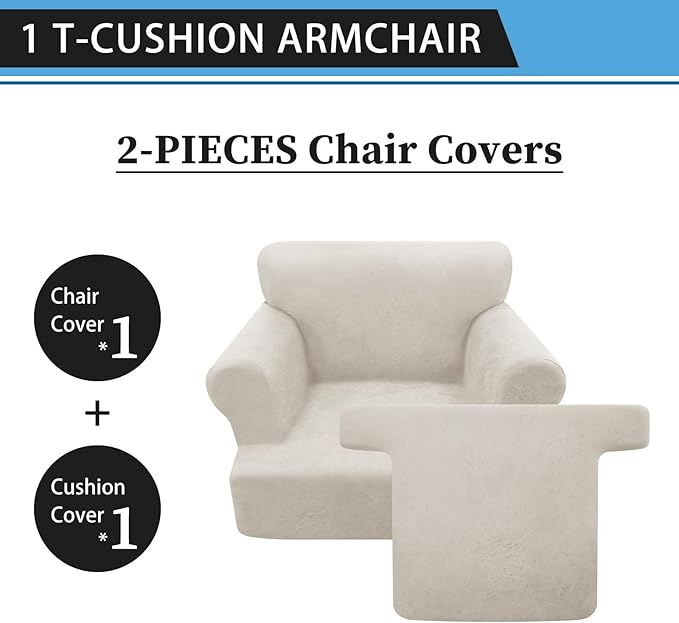 2-Pieces T Cushion Armchair Slipcovers Leather Look Couch Cover Chair Covers Stretch Furniture Protector Sofa Cover with 1 Individual T Cushion Seat Cover Slipcover Sets Washable, Beige