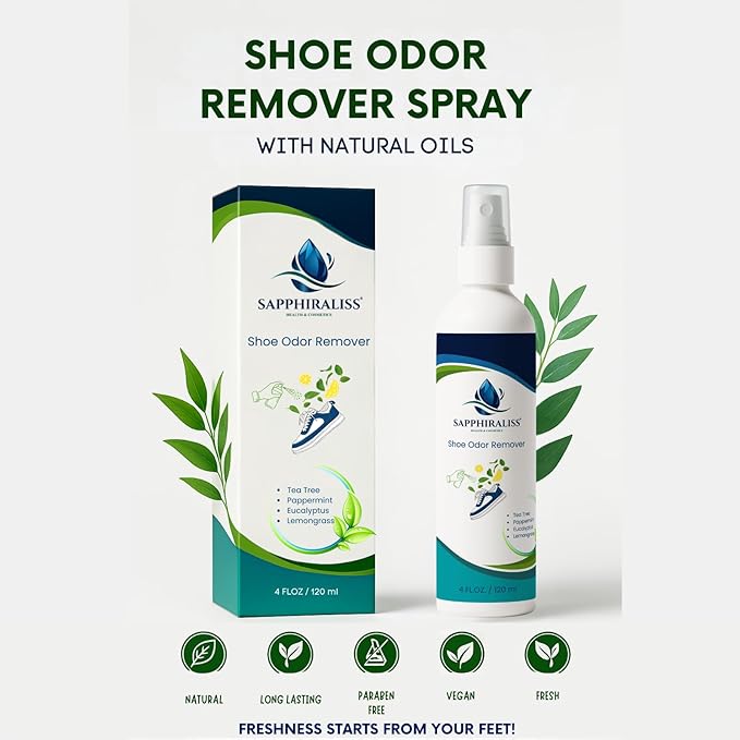 Natural Shoe Freshener Spray - 4oz (120ml) Water-Based Mist with Eucalyptus, Peppermint, Tea Tree & Lemongrass - Quick Acting Odor Neutralizer for Shoes, Gym Bags