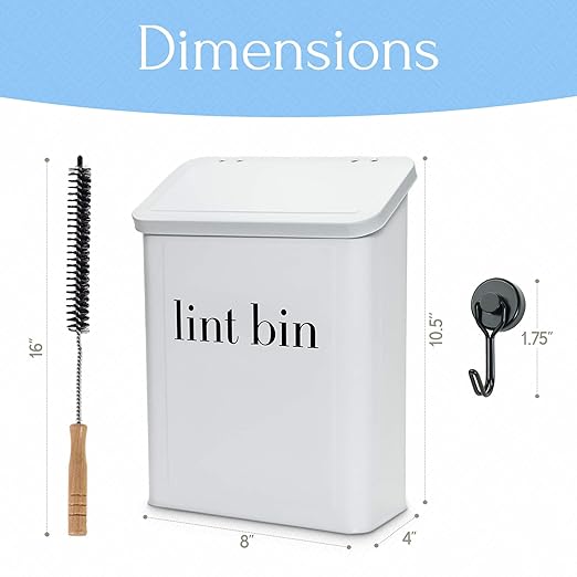 Magnetic Laundry Lint Bin for Dryer | Wall-Mounted Small Trash Can for Laundry Room | Includes Magnetic Hook & Lint Brush | Space-Saving Magnetic Laundry Trash Can | Matte White
