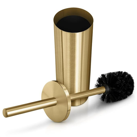 Gold Toilet Brush and Holder Set - Brushed Stainless Steel Gold Toilet Bowl Brush and Holder with Replacable Head, Removable Inner Bowl, and Splash Protection - Dense Bristles for Through Cleaning