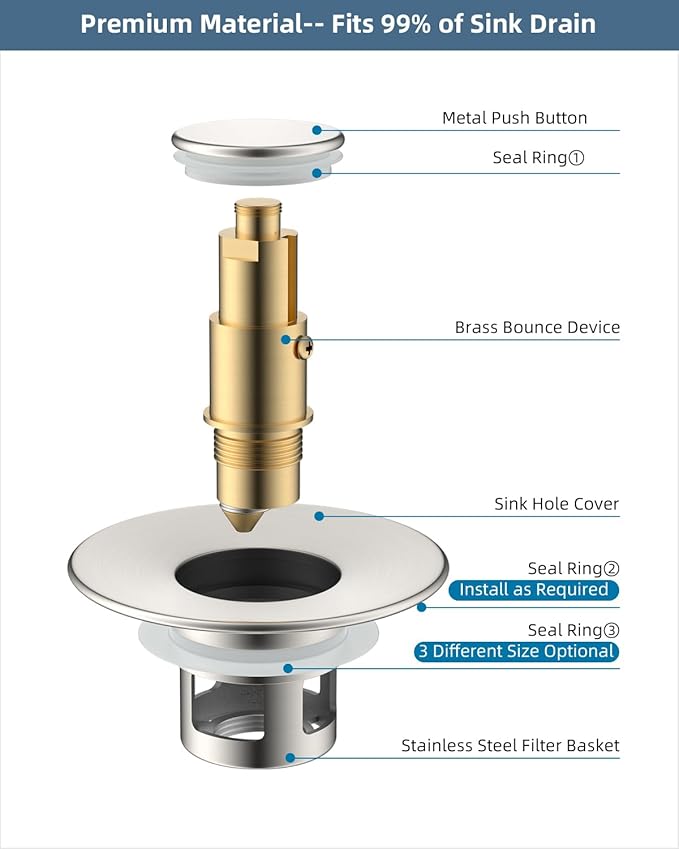 Hibbent 2 Pack All Metal Universal Bathroom Sink Stopper for 1.1''~2.3'' Basin, Pop Up Sink Drain Strainer, Brass Core Push Type Stopper, Stainless Steel Anti Clogging Drain Filter, Brushed Nickel